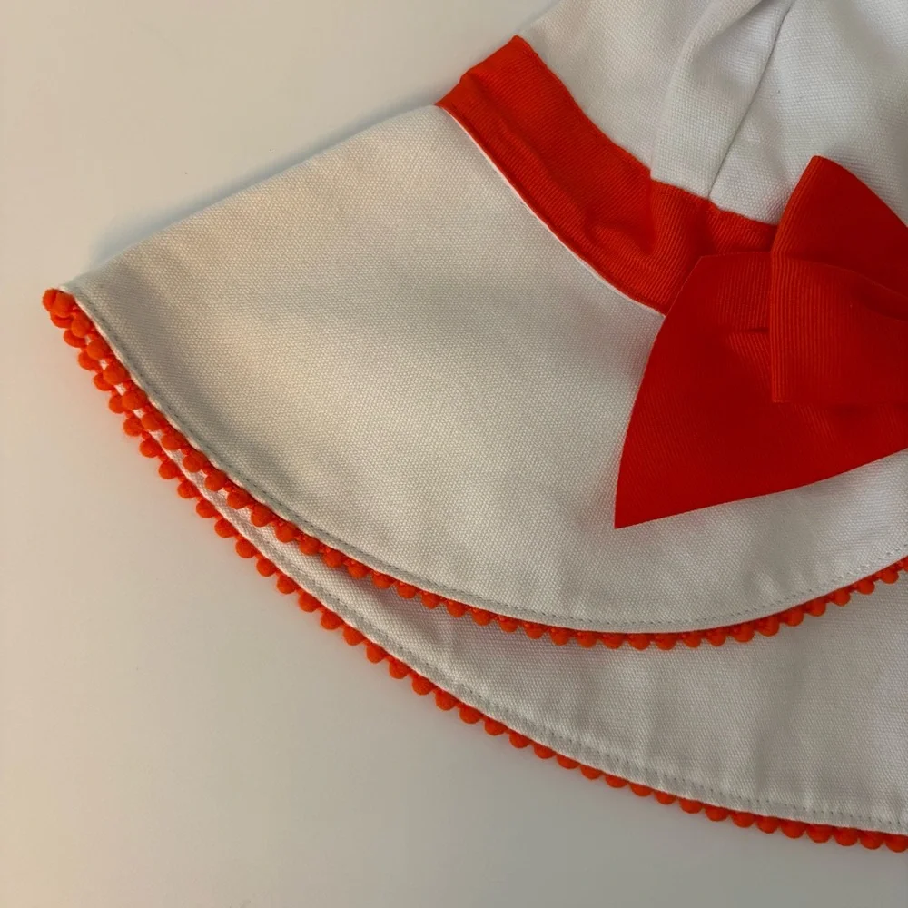 Janie and Jack white sunhat with orange bow and pom trim size 6-8